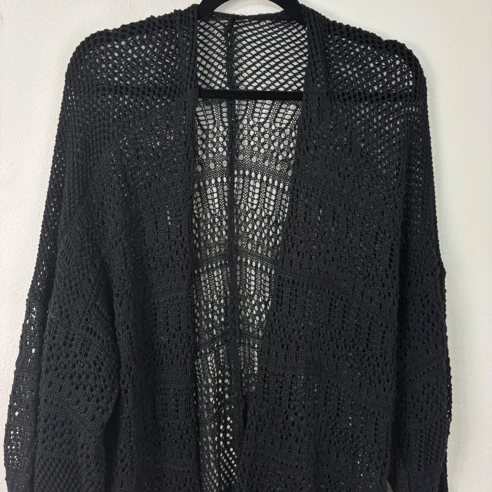Black Open Knit Netted Cardigan Crochet Oversize Mesh Boho Whimsigoth Sweater OS